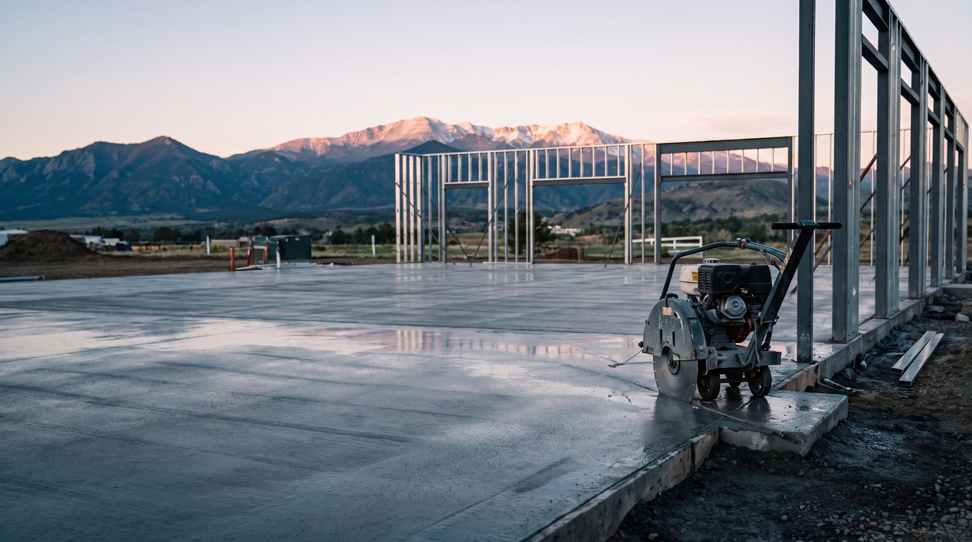 Illustration: a quiet jobsite at dawn, a flat saw parked at the edge of a new slab