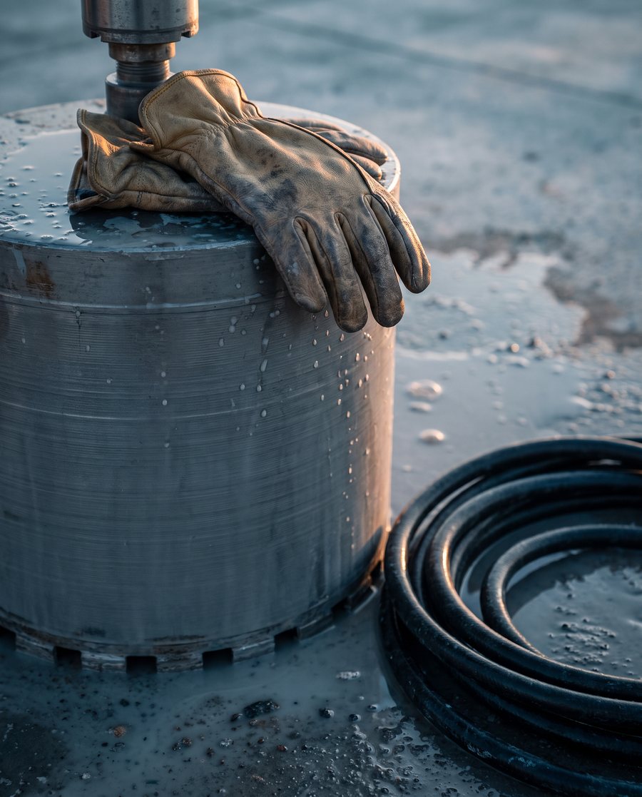 Illustration: work gloves resting on a core drill barrel at first light