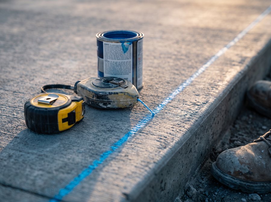 Illustration: a tape measure, chalk line and marking paint on a slab where a cut line was just snapped