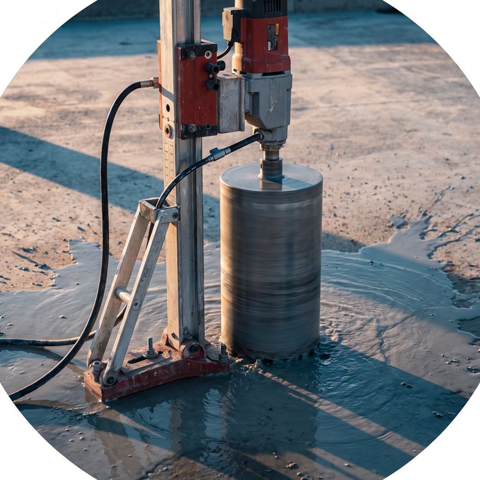 Illustration: a rig-mounted core drill boring into a slab