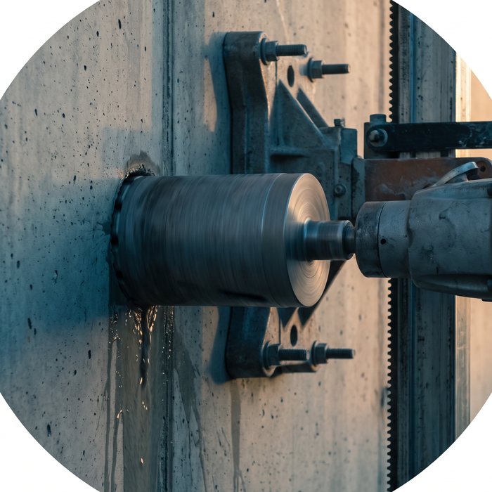 Illustration: a core bit boring horizontally into a concrete wall