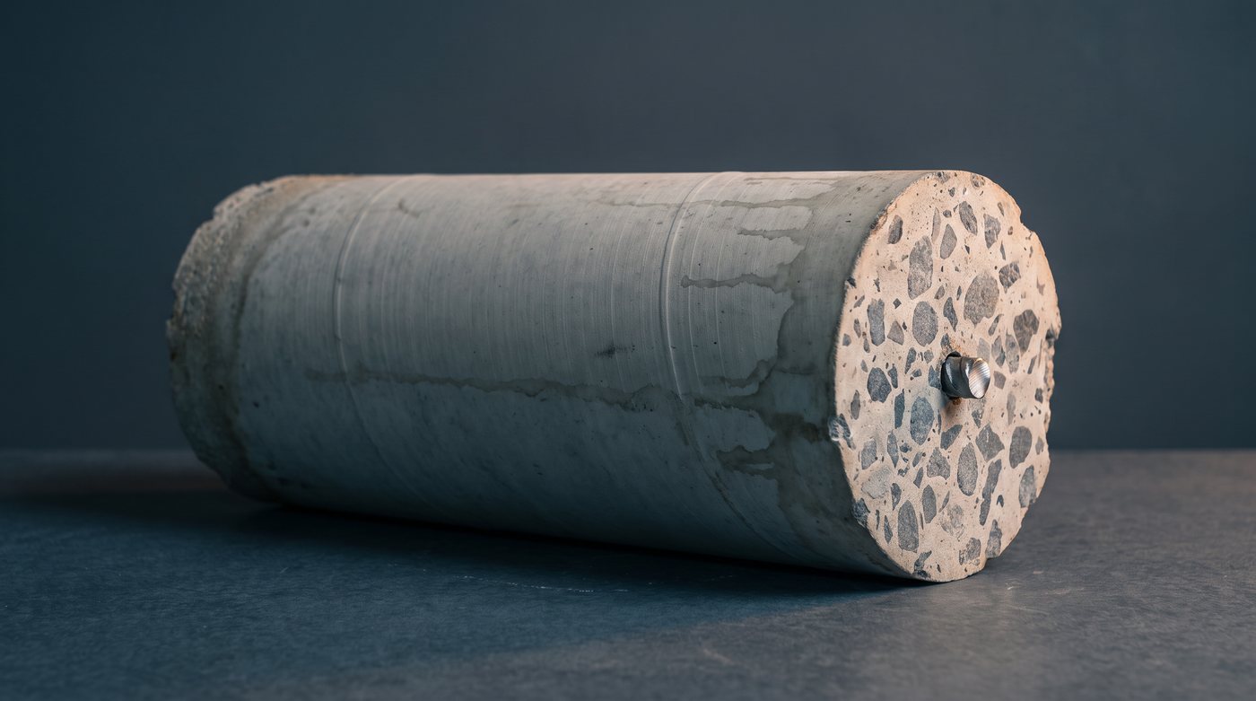 Illustration: a pulled concrete core lying on its side, its cut face showing aggregate and a flush-cut rebar end
