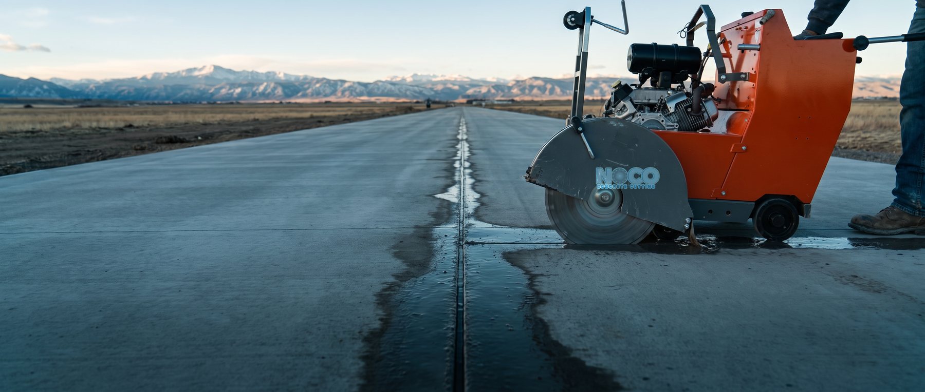 Illustration: a walk-behind flat saw on a long straight saw cut down a new concrete road, the NoCo logo on its guard