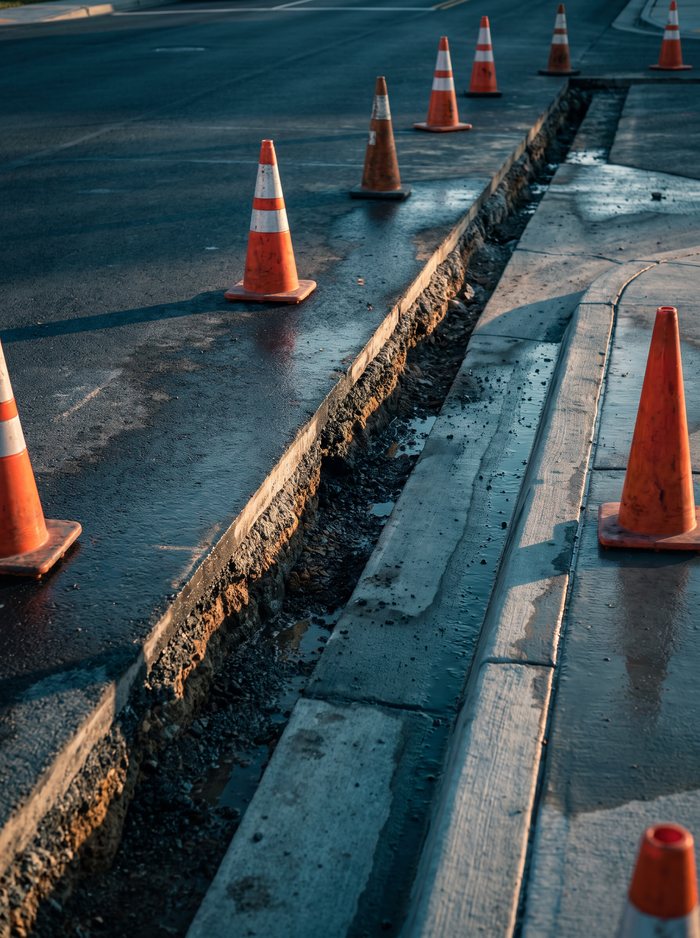 Illustration: a straight saw cut through a road and curb for a utility crossing