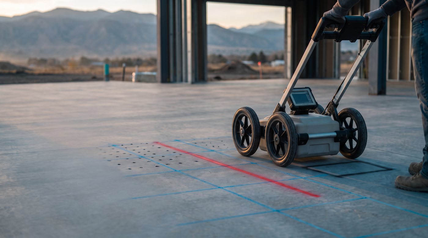 Illustration: a GPR cart on a slab marked with blue rebar lines and a red conduit line
