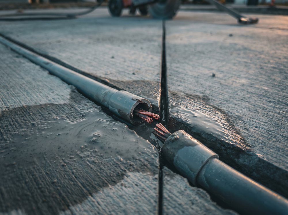 Illustration: a saw cut through a slab that has severed a buried conduit