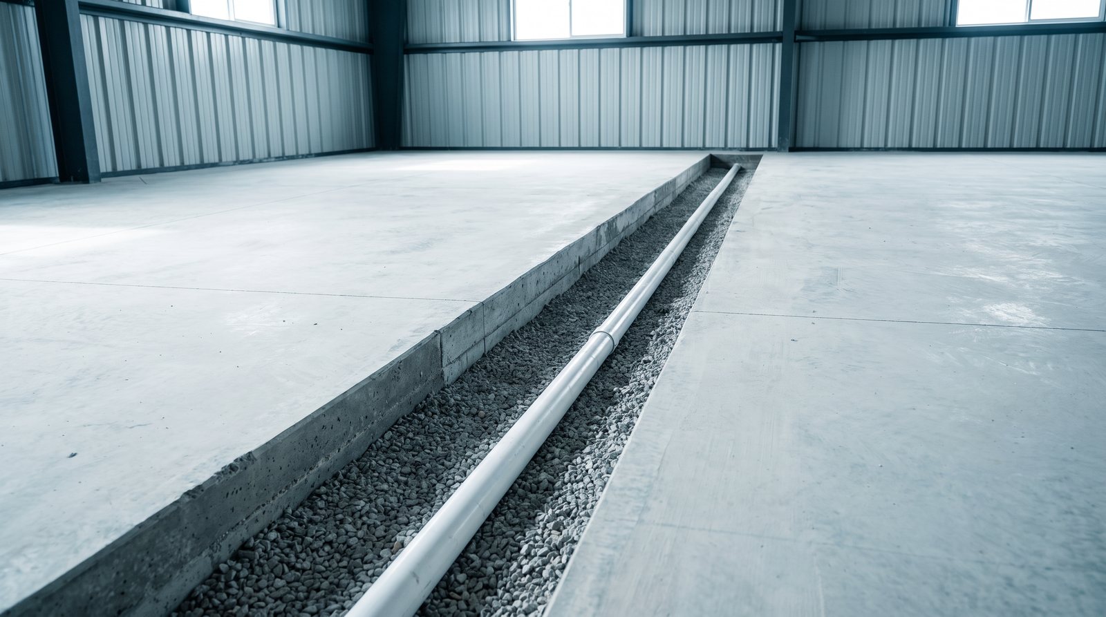 Illustration: an open saw-cut utility trench with a new drain pipe in a shop floor