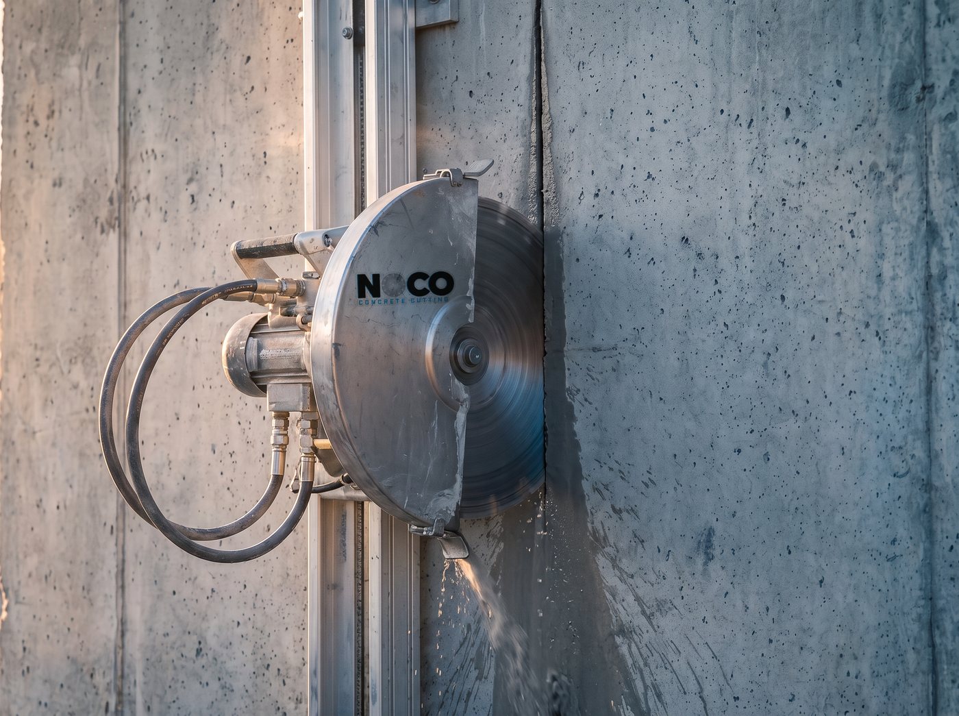 Illustration: a track-mounted wall saw mid-cut on a concrete wall, the NoCo logo on its blade guard